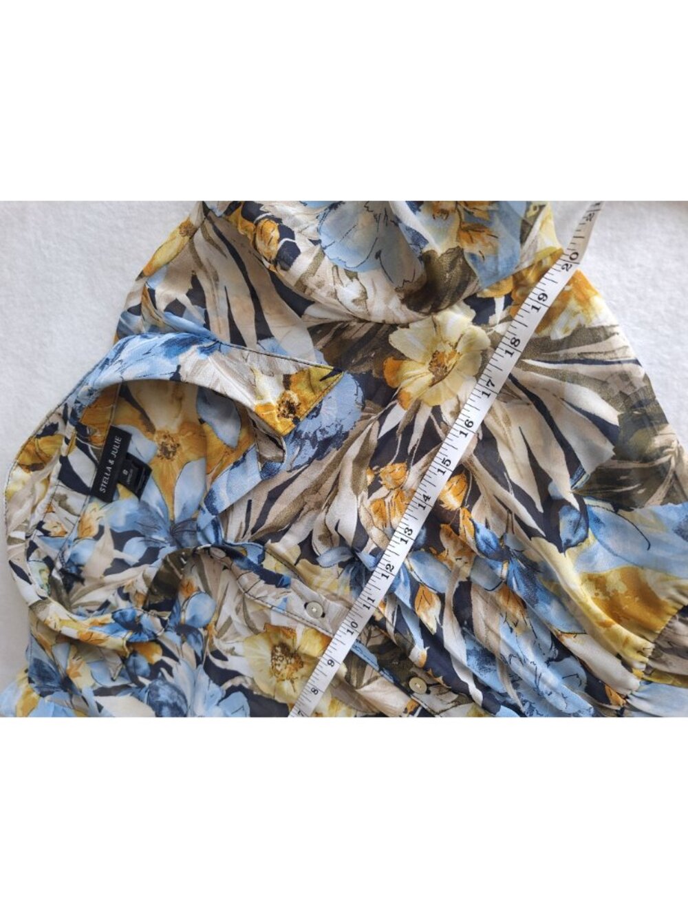 💙 Stella & Julie Floral Shirt Dress Size 8 Blue Yellow Button Front Long Sleeve - Picture 6 of 8